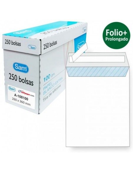 SAM CAJA 250 BOLSAS FOLIO PROLONGADO (260X360) OFFSET BLANCO 100 GRS. OPENSAM AUTOADHESIVO CON TIRA DE SILICONA 149005