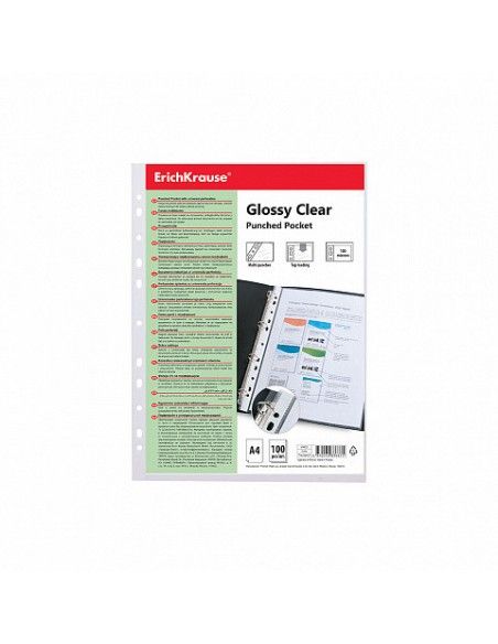 SET DE 100 FUNDAS MULTITALADRAS GLOSSY CLEAR, 100 MCM, A4, TRANSPARENTE ERICH KRAUSE