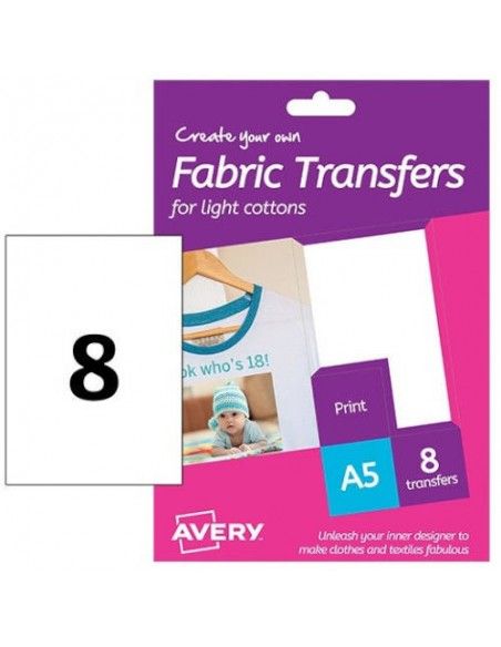 PAQUETE 8 HOJAS PAPEL TRANSER PARA ALGODÒN BLANCO-IMPRESORA INKJET-210X148 MM AVERY