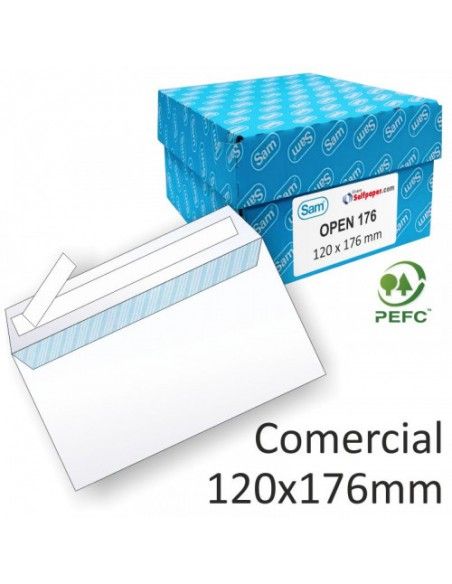 CAJA 500 SOBRES COMERCIAL OPENSAM (120X176) AUTOADHESIVO CON TIRA DE SILICONA OFFSET BLANCO 90 GRS. SAM