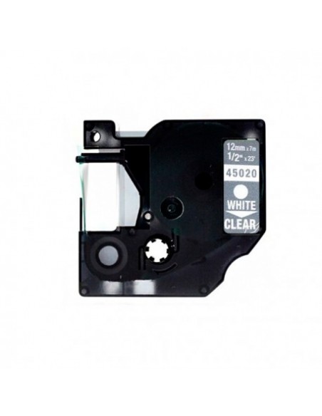 Dymo D1 45020 Cinta de Etiquetas Compatible para Rotuladora - Texto blanco sobre fondo transparente - Ancho 12mm x 7 metros